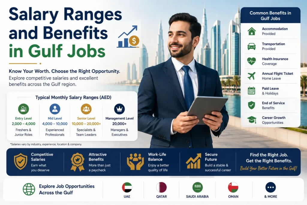 Professional infographic banner illustrating salary ranges and employee benefits for Gulf jobs. The image features a business professional holding a tablet with a modern Gulf skyline in the background, alongside salary range comparisons from entry-level to management positions and common employment benefits including accommodation, transportation, health insurance, annual flight tickets, paid leave, end-of-service benefits, and career growth opportunities across the UAE, Qatar, Saudi Arabia, Oman, and the GCC.