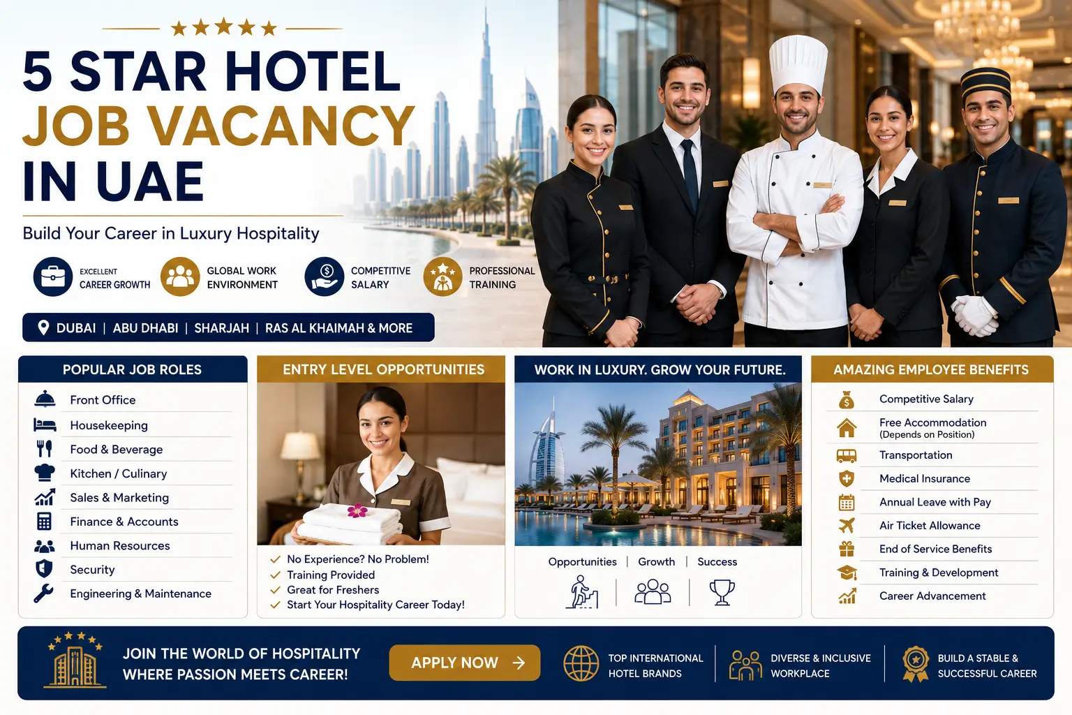 Professional infographic promoting 5 Star Hotel Job Vacancies in UAE featuring luxury hotel staff including front office executives, a chef, concierge, and housekeeping attendants with a Dubai skyline in the background. The banner highlights hotel career opportunities, popular hospitality job roles, entry-level positions, employee benefits such as accommodation, transportation, medical insurance, paid leave, and career growth across Dubai, Abu Dhabi, Sharjah, Ras Al Khaimah, and other UAE locations.