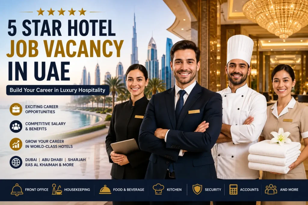 Professional featured image promoting 5 Star Hotel Job Vacancy in UAE with a luxury hotel team including a hotel manager, front office executive, chef, and housekeeping attendant standing in an elegant five-star hotel lobby with the Dubai skyline in the background. The banner highlights hospitality careers, competitive salaries, employee benefits, and job opportunities across Dubai, Abu Dhabi, Sharjah, Ras Al Khaimah, and other UAE destinations.