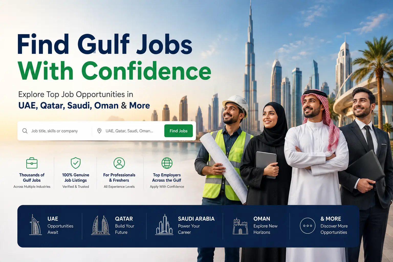 Find Gulf Jobs With Confidence banner showing Gulf professionals, Dubai skyline, and GCC job opportunities.