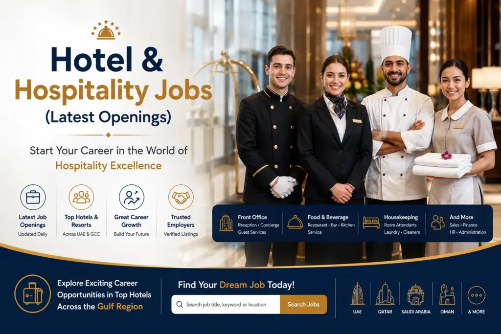 Professional hotel and hospitality jobs banner featuring a luxury hotel lobby with diverse hospitality staff, including a concierge, front office executive, chef, and housekeeping attendant. The banner promotes the latest hotel job openings, verified employers, and career opportunities in the UAE, Qatar, Saudi Arabia, Oman, and across the Gulf region.