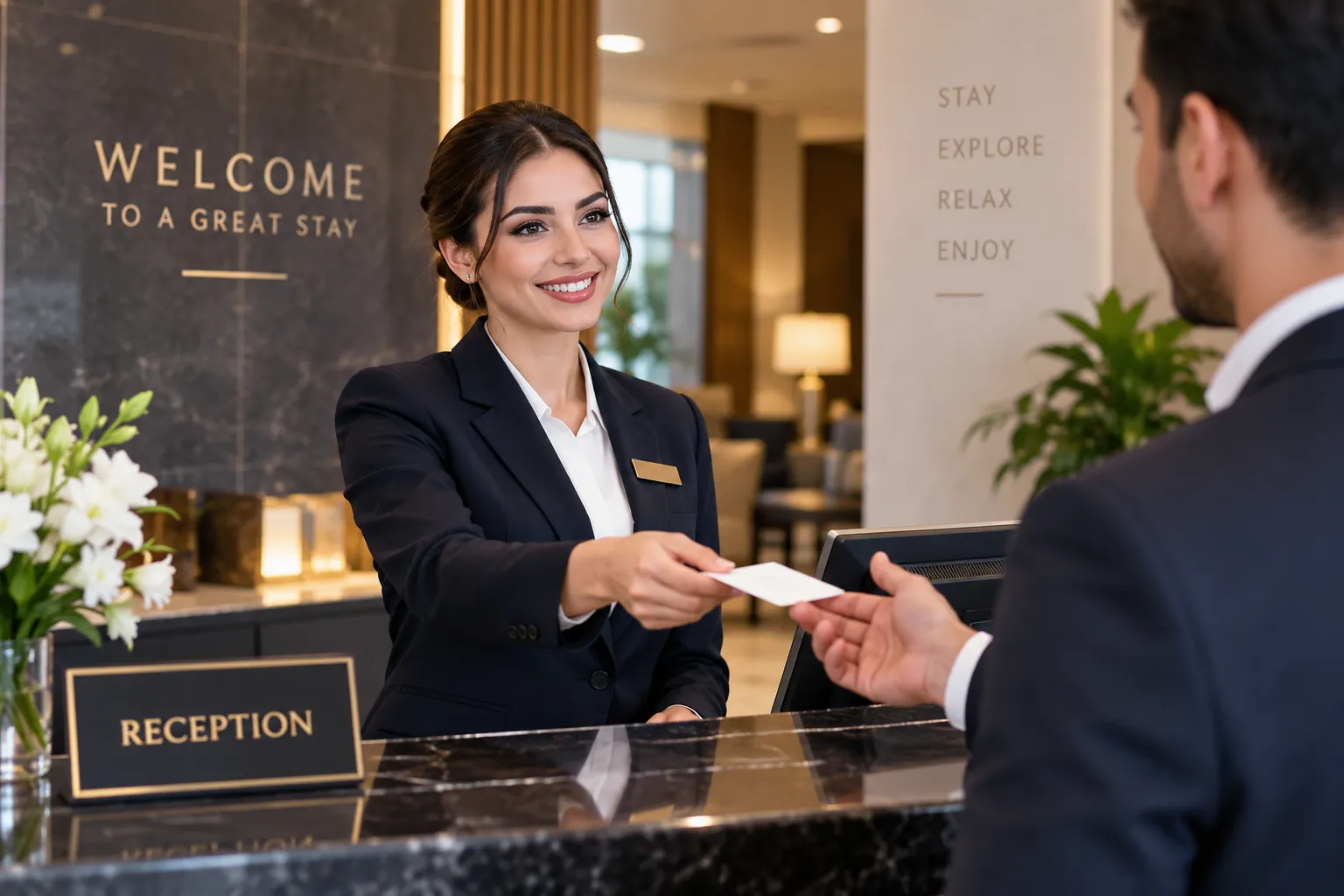 Hotel Receptionist Jobs in Dubai – professional hotel receptionist assisting a guest at the front desk