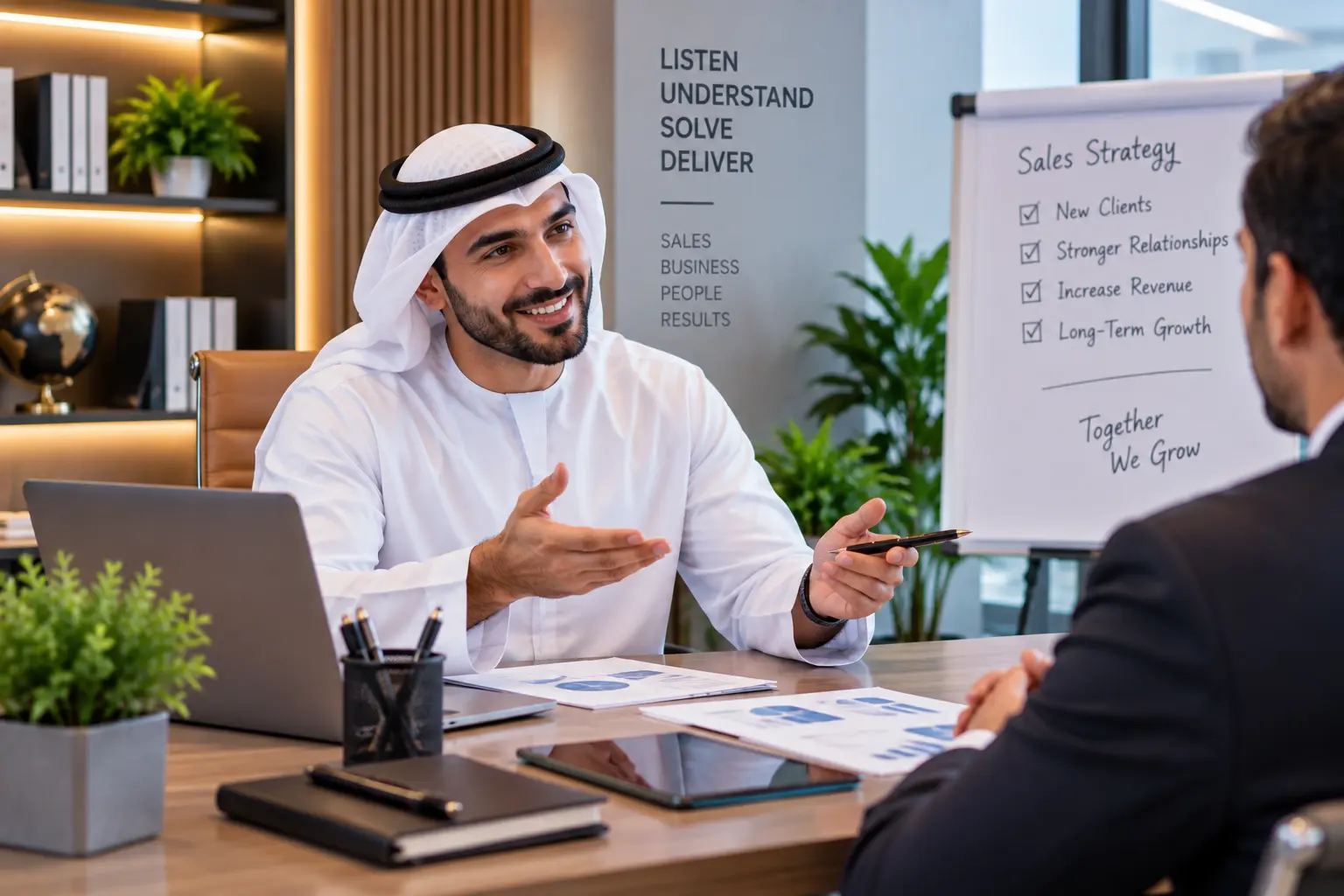 Sales Executive Jobs in Dubai – professional Arab sales executive meeting with a client