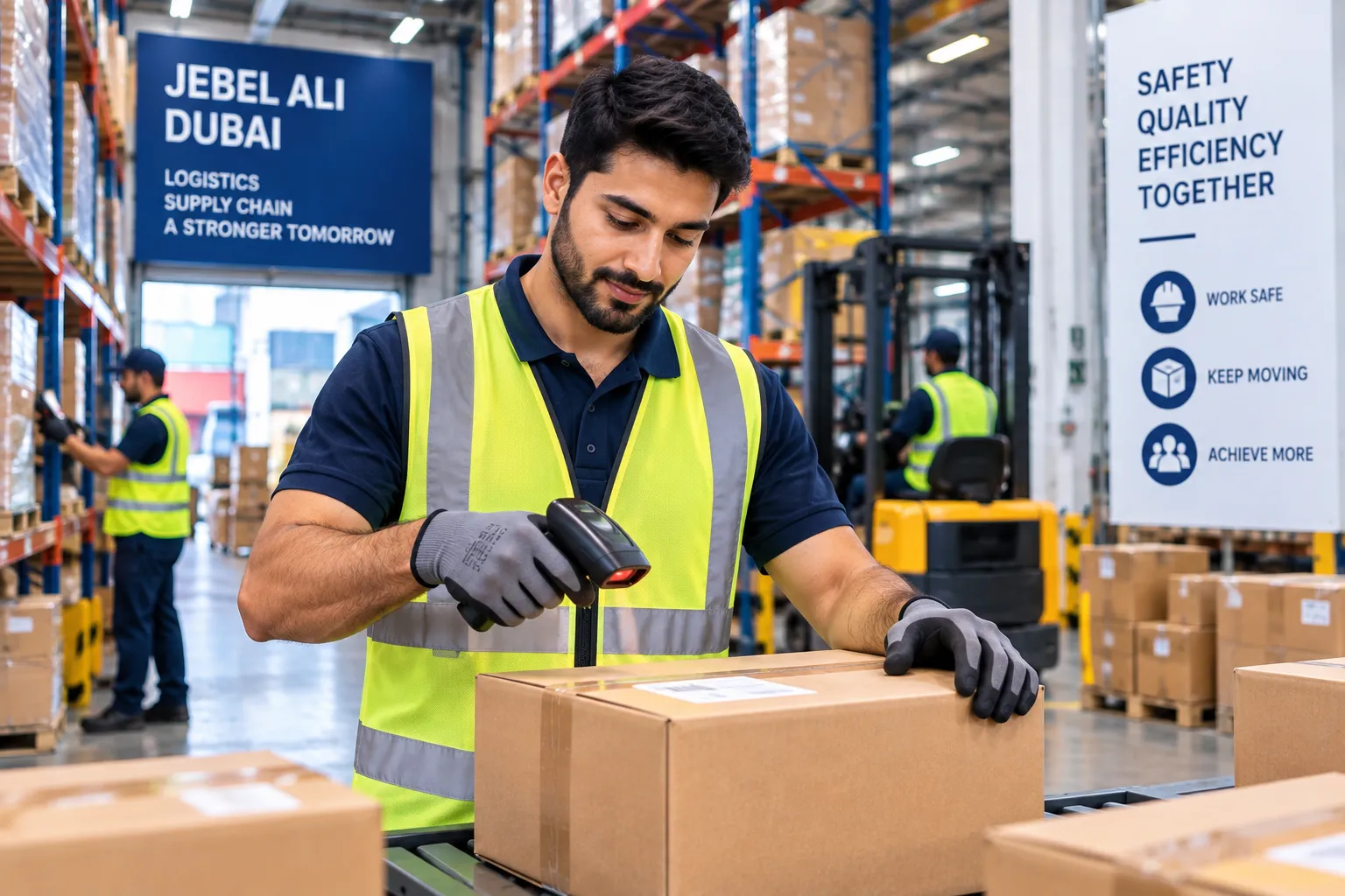 Warehouse Assistant working in a logistics warehouse in Jebel Ali Dubai