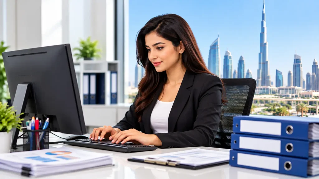 Data Entry Operator Jobs in Dubai 2026 – Professional Female Employee Working on Computer in Modern Dubai Office