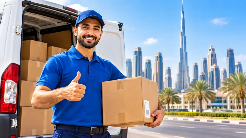 Delivery Driver Jobs in Dubai UAE – Driver holding package beside delivery van
