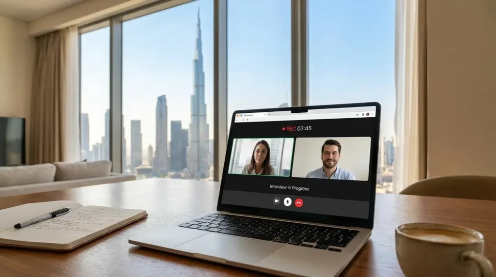 Candidate attending an online job interview with a recruiter via laptop in Dubai, UAE.